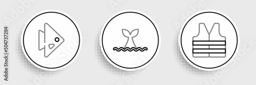 Set line Life jacket, Fish and Whale tail in ocean wave icon. Vector