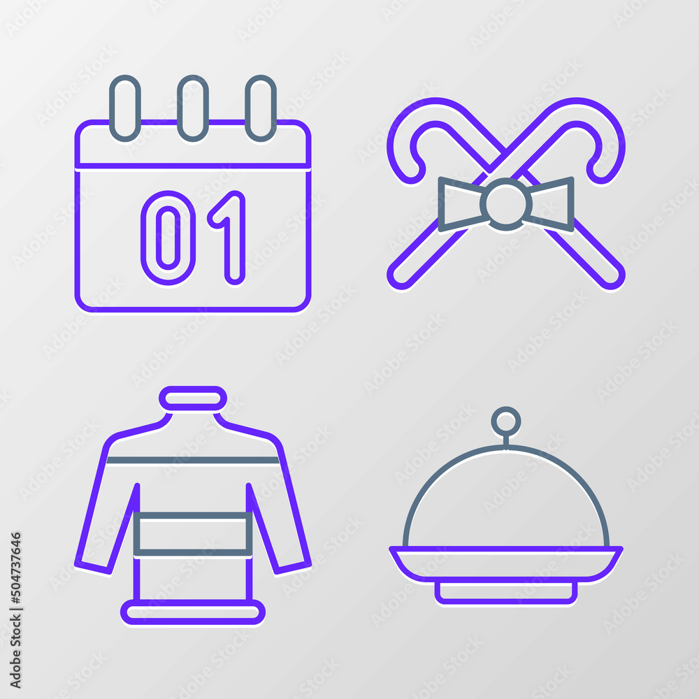 Set line Christmas covered with tray, sweater, candy cane and Calendar icon. Vector Set line Christmas covered with tray, sweater, candy cane and Calendar icon. Vector