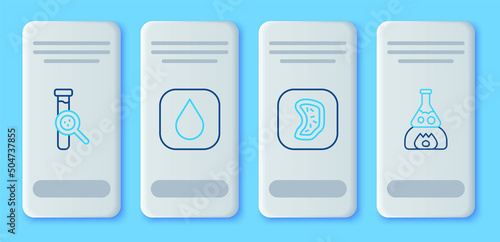 Set line Water drop, Bacteria, Test tube and flask and on fire icon. Vector
