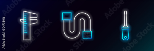 Set line Screwdriver, Calliper or caliper and scale and Industry pipe icon. Glowing neon. Vector