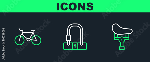 Set line Bicycle seat, and lock icon. Vector