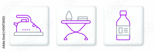 Set line Bottle for cleaning agent, Electric iron and Iron and ironing board icon. Vector