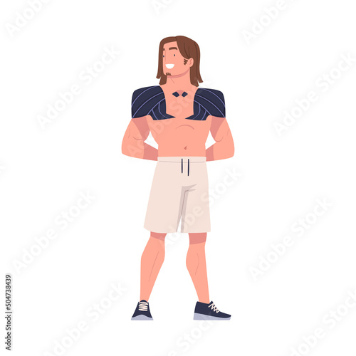 Happy Man Character with Replaced Robotic Shoulders as Body Part Prosthesis Restoring Normal Functioning Vector Illustration