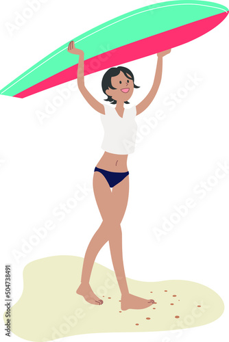 砂浜でサーフボードを持ち上げる女性