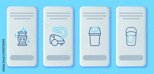 Set line Vacuum cleaner, Trash can, Clean vase and Bucket with rag icon. Vector