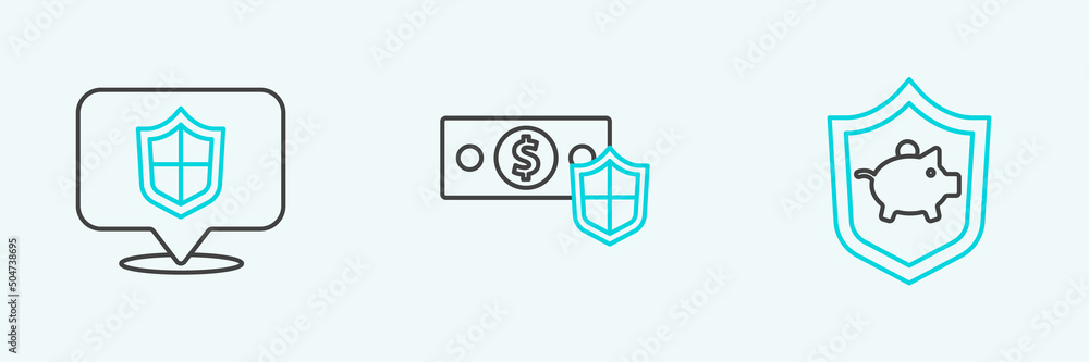 Set line Piggy bank with shield, Location and Money icon. Vector Set line Piggy bank with shield, Location and Money icon. Vector
