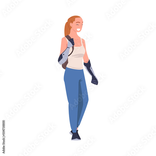 Happy Woman Character with Replaced Robotic Arms as Body Part Prosthesis Restoring Normal Functioning Vector Illustration