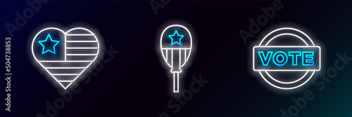 Set line Vote, USA Independence day and Balloons icon. Glowing neon. Vector