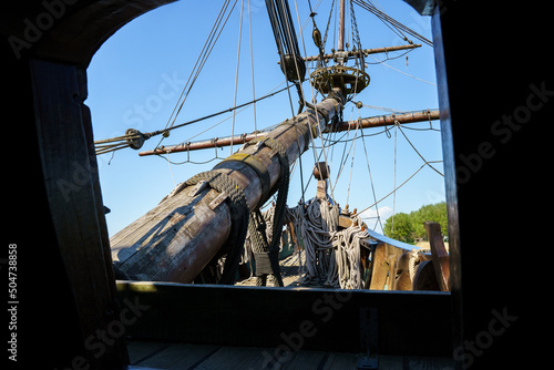 Bowsprit and crow's nest of a historical replica of a Dutch VOC sailing shi