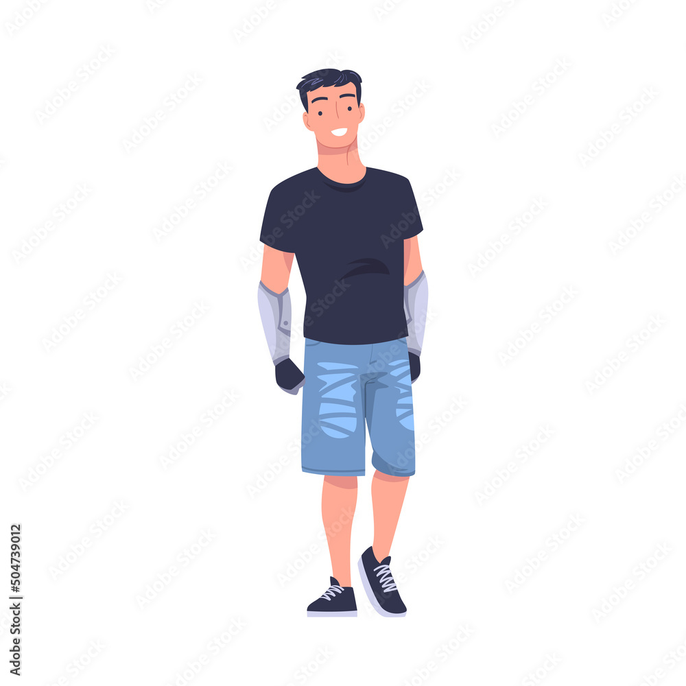 Fototapeta premium Happy Man Character with Replaced Robotic Arms as Body Part Prosthesis Restoring Normal Functioning Vector Illustration