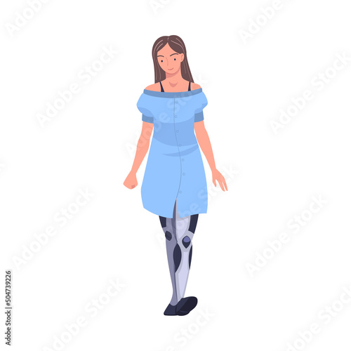 Smiling Woman Character Walking with Robotic Leg as Body Part or Limb Prosthesis Restoring Normal Functioning Vector Illustration