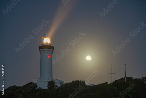 Norah Head Lighthouse at dusk/sunset, Central Coast, NSW, Australia with moon