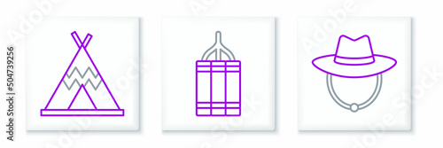 Set line Western cowboy hat, Indian teepee or wigwam and Dynamite bomb icon. Vector