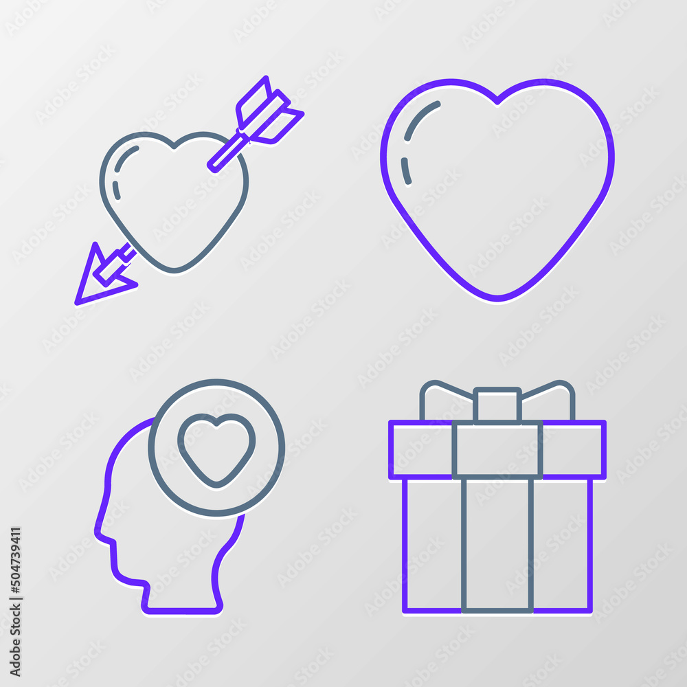 Set line Gift box, Head with heart, Heart and Amour and arrow icon. Vector