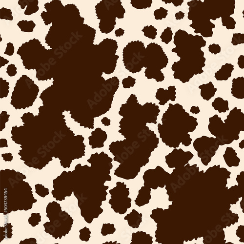 Cow skin seamless pattern. Print animal hide with brown spots on a white background. Mammals Fur texture. Design elements leather. Camouflage predator. Vector illustration