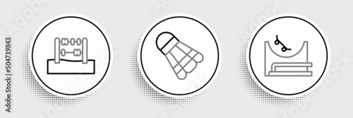 Set line Skate park, Abacus and Badminton shuttlecock icon. Vector