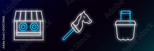 Set line Sand in bucket, Shooting gallery and Toy horse icon. Glowing neon. Vector