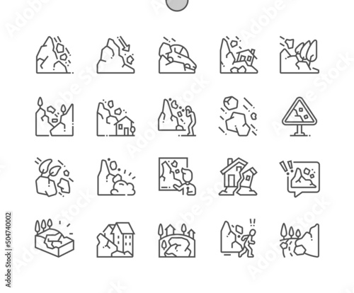 Landslide. Falling stones. Warning. Ruined house. Pixel Perfect Vector Thin Line Icons. Simple Minimal Pictogram