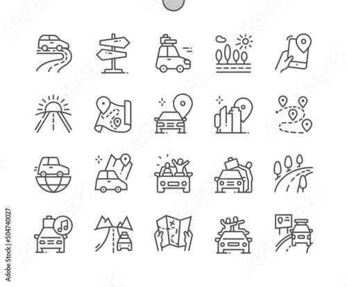 Car trip. Route. Pointer. Happy vacation. Driving. Pixel Perfect Vector Thin Line Icons. Simple Minimal Pictogram