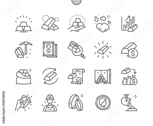 Gold bars. Price growth. Miner. Gold production. Pixel Perfect Vector Thin Line Icons. Simple Minimal Pictogram