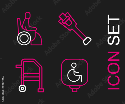 Set line Disabled wheelchair, Walker, Prosthesis leg and Woman in icon. Vector