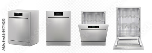 Dishwashing machine with open, closed door, isolated on white background. Smart home appliance concept. Front view. Digital display. Silver color. Realistic 3d Vector illustration.
