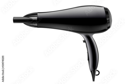 Realistic hairdryer for hairdresser salon, barbershop or home usage. Electric barber tool for drying hair and hairdo isolated on white background. 3d vector illustration