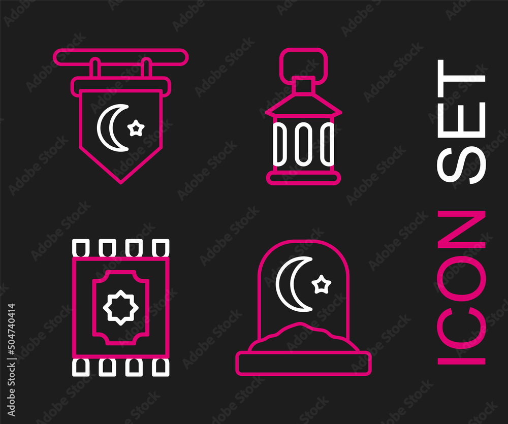 Set line Muslim cemetery, Traditional carpet, Ramadan Kareem lantern and Star and crescent icon. Vector Set line Muslim cemetery, Traditional carpet, Ramadan Kareem lantern and Star and crescent icon. Vector