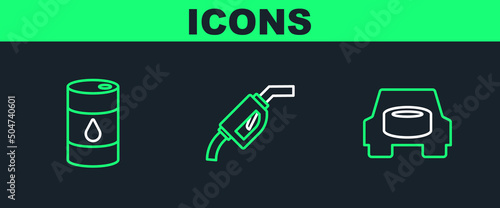 Set line Spare wheel in the car, Barrel oil and Gasoline pump nozzle icon. Vector
