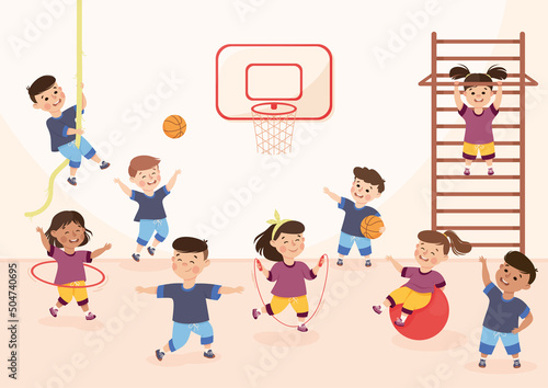 Children Engaged in Physical Education Doing Various Sports During Class at School Vector Illustration