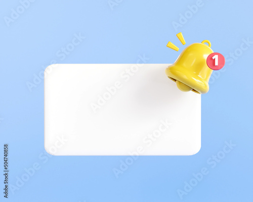 3d reminder popup bell push notification symbol. Empty application message on blue background. Blank note icon copy space for text. 3d render illustration minimal style.