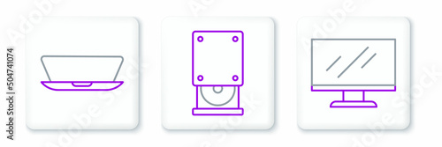 Set line Computer monitor screen, Laptop and Optical disc drive icon. Vector
