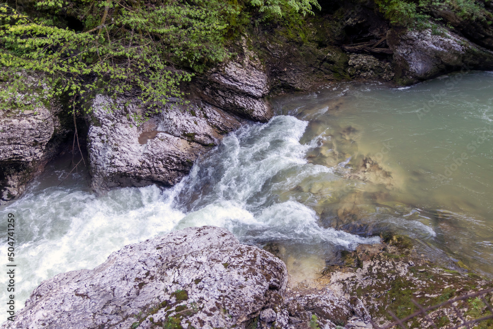 Fototapeta premium landscape with gorge and mountain river. Waterfall on a mountain river in the forest