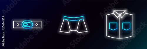Set line Shirt, Belt and Men underpants icon. Glowing neon. Vector