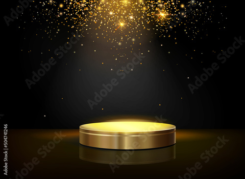 Golden shining pedestal podium on black background. Circle platform with golden glitter sparckes falling down. Luxury showcase, Promotion scene