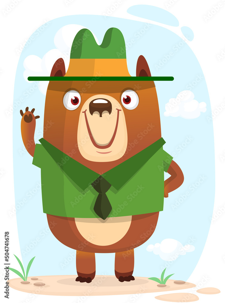 Cartoon funny bear scout ranger wearing green hat. Vector illustration