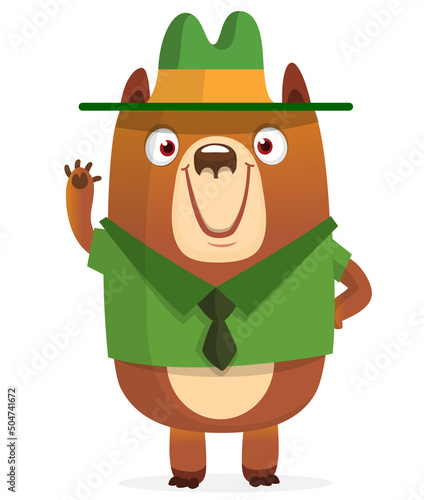 Cartoon funny bear scout ranger wearing green hat. Vector illustration isolated