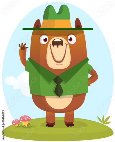 Cartoon funny bear scout ranger wearing green hat. Vector illustration isolated