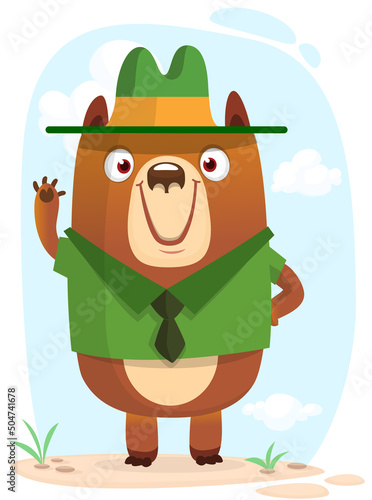 Cartoon funny bear scout ranger wearing green hat. Vector illustration isolated