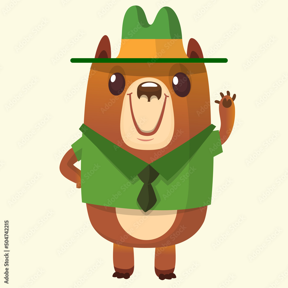 Cartoon funny bear scout ranger wearing green hat. Vector illustration ...