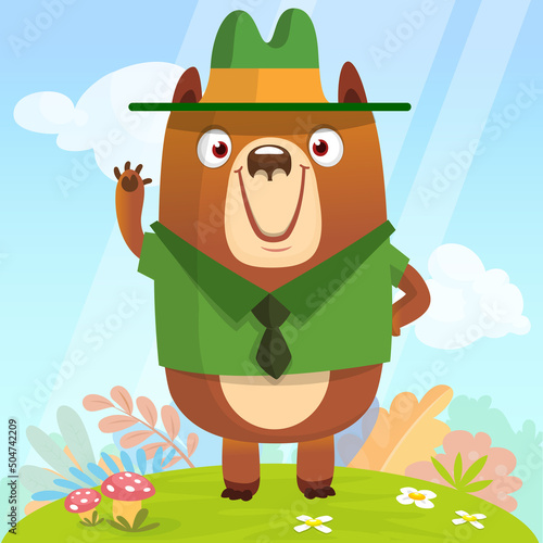Cartoon funny bear scout ranger wearing green hat. Vector illustration isolated