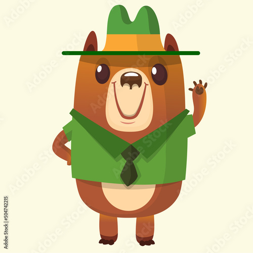Cartoon funny bear scout ranger wearing green hat. Vector illustration isolated