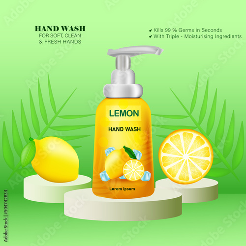 Made of lemon germ kill hand wash with realistic lemons on beautiful green color background .