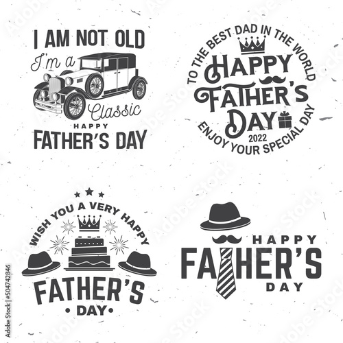I am not old i am classic. Happy Father's Day badge, logo design. Vector illustration. Vintage style Father's Day Designs with retro car, hipster father mustache, hipster hat, ties and crown.