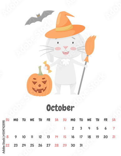 Calendar page for October 2023 with a cute smiling rabbit in a hat, with a broom and a Halloween pumpkin. Adorable animal, character in pastel colors. Children's calendar. Vector illustration on white