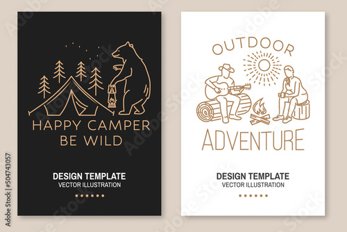 Outdoor adventure badge. Vector. Set of Line art flyer, brochure, banner, poster with bear with lantern, camper tent, pot on the fire, axe and mountain.
