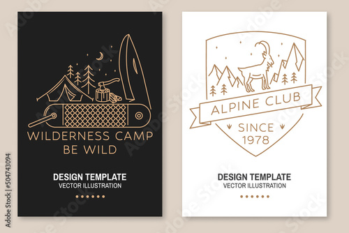 Wilderness camper. Be wild. Alpine club. Vector. Set of Line art flyer, brochure, banner, poster with bear with pocket knife, camping tent, rock climbing Goat, mountain, forest silhouette.