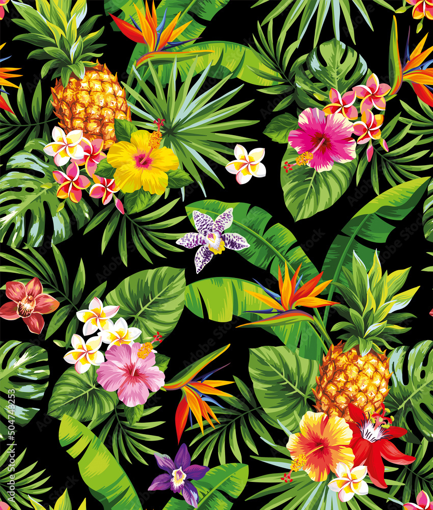 Tropical seamless pattern with pineapples, palm leaves and exotic flowers. Floral design on a black background. Vector illustration.