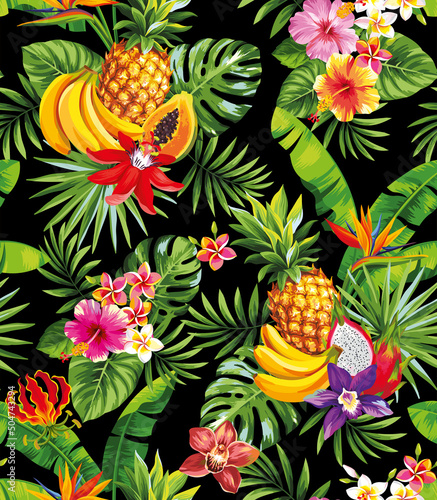 Tropical seamless pattern with pineapples, palm leaves and exotic flowers. Floral design on a black background. Vector illustration.