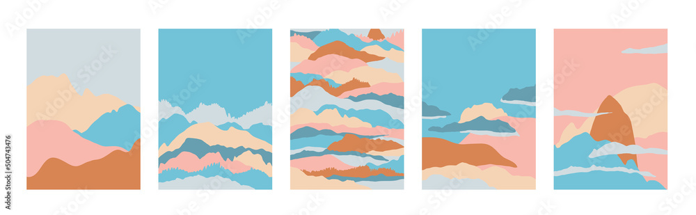 Landscape poster collection. Minimal background pattern vector. Abstract Mountain template geometric pattern set.